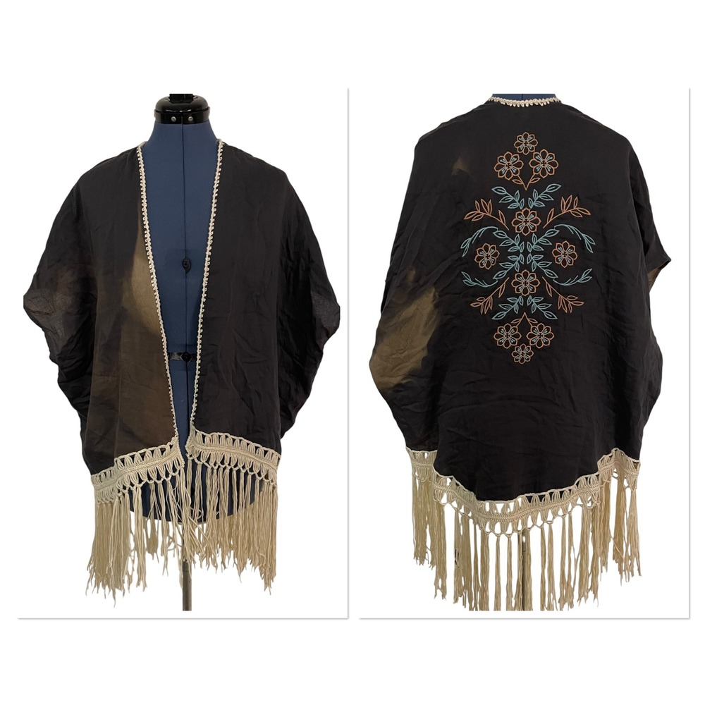 Umgee Brown Tie Dye Floral Embroidered Fringe Kimono Boho Beach Wrap Topper  S/M